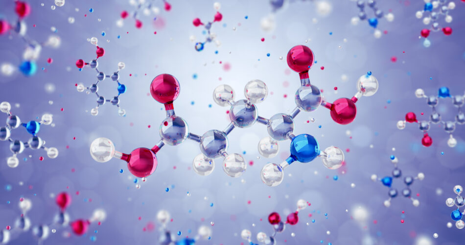 Il modello 3D della molecola di acido glutammico che levita liberamente tra altre molecole organiche. Grafica di rendering 3D.
