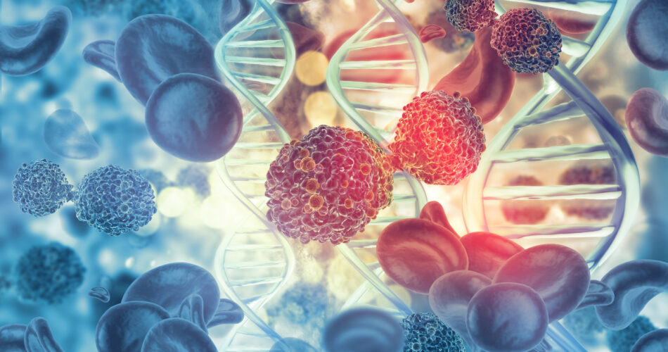 Cellules cancéreuses sur fond de support d'ADN. Illustration 3d